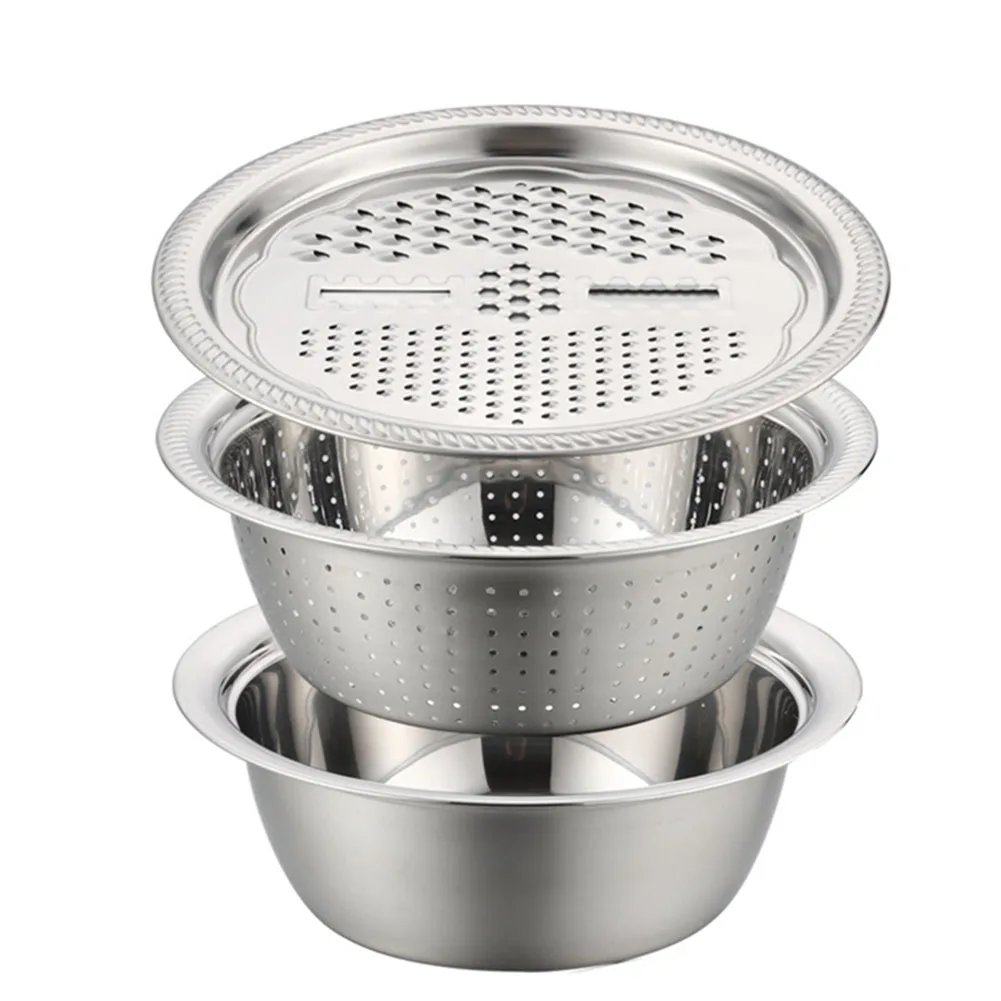

3Pcs/Set Multifunctional Kitchen Tool Grater Strainer Stainless Steel Vegetables Fruits Graters Drain Basin Rice Washing Filter