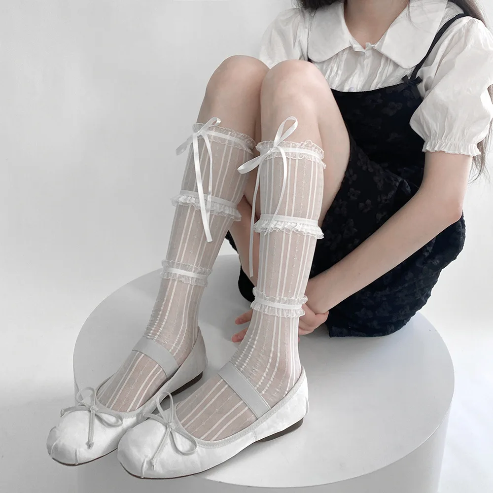 

1 Pair Sweet Summer Calf Sock for Girl Korean Fashion Ruffle Lace Bowknot Style Knee High Sock for Kids Elastic Fishnet Sock
