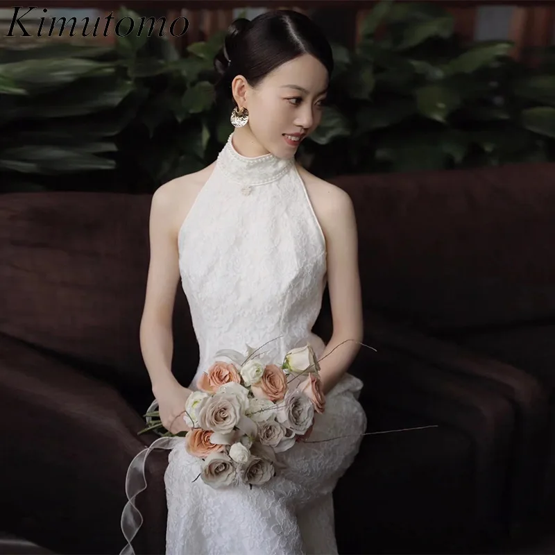 Kimutomo Stand Collar Halter Lace Dress for Women Off-shoulder Hook Flower Split Evening Gown Korean Sleeveless Simple Vestidos
Kimutomo Stand Collar Halter Lace Dress for Women Off-shoulder Hook Flower Split Evening Gown Korean Sleeveless Simple Vestidos