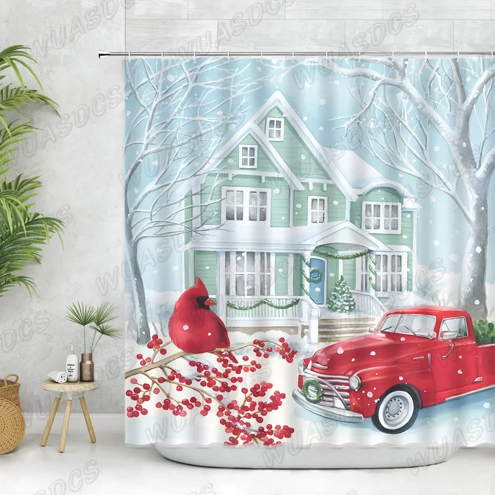 

Winter Snow Scene Shower Curtains Countryside Red Truck Berries Bird Christmas Ball of Rope Pine Needles Bew Year Bathroom Decor