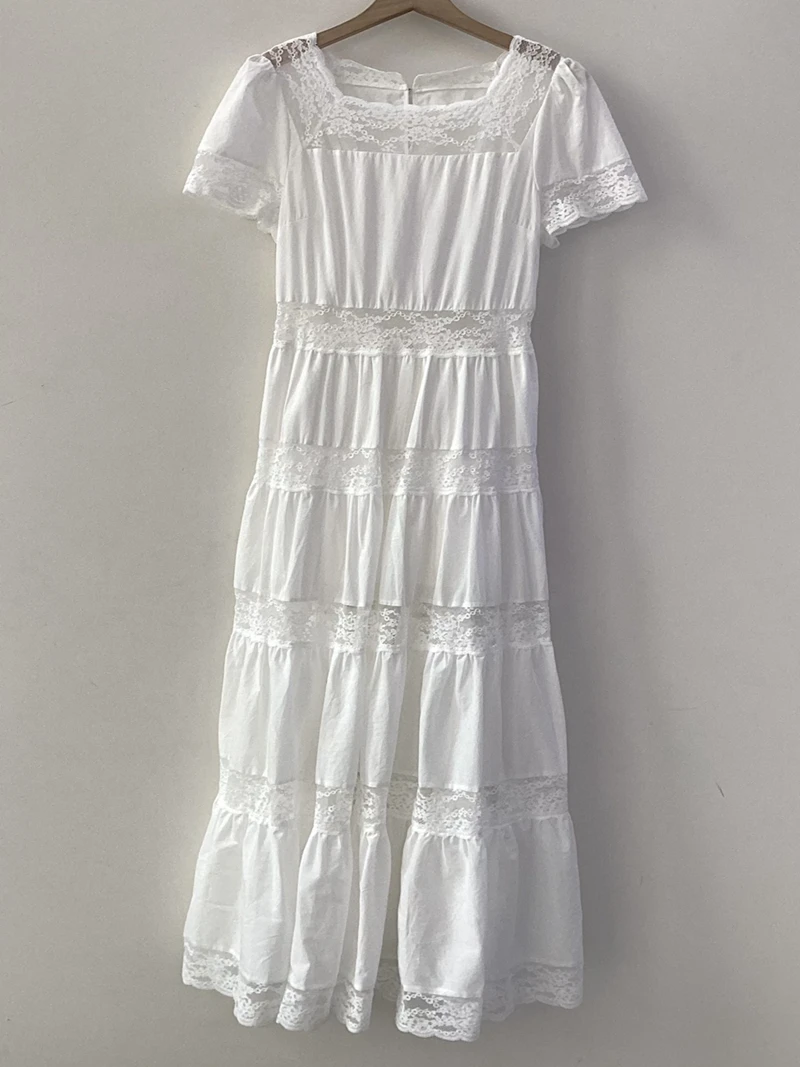

Women's Dress 2024 Summer New Design Sense Small Square Neck Lace Spliced Pure White Short Sleeve Long Dress