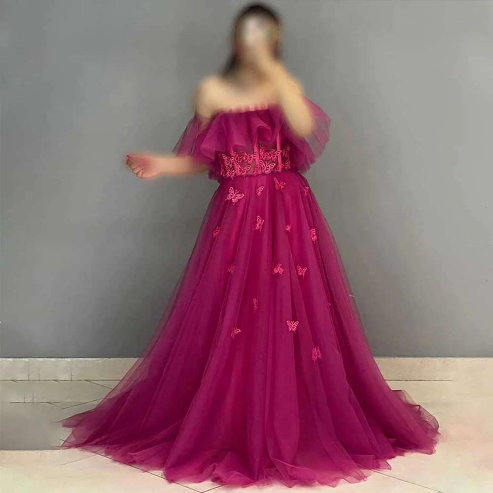 

Pastrol Evening Dresses For Women Boat Neck Backless Prom Gown Tulle With Flowers A-Line Sweep Train فساتين مناسبة حسب الطلب