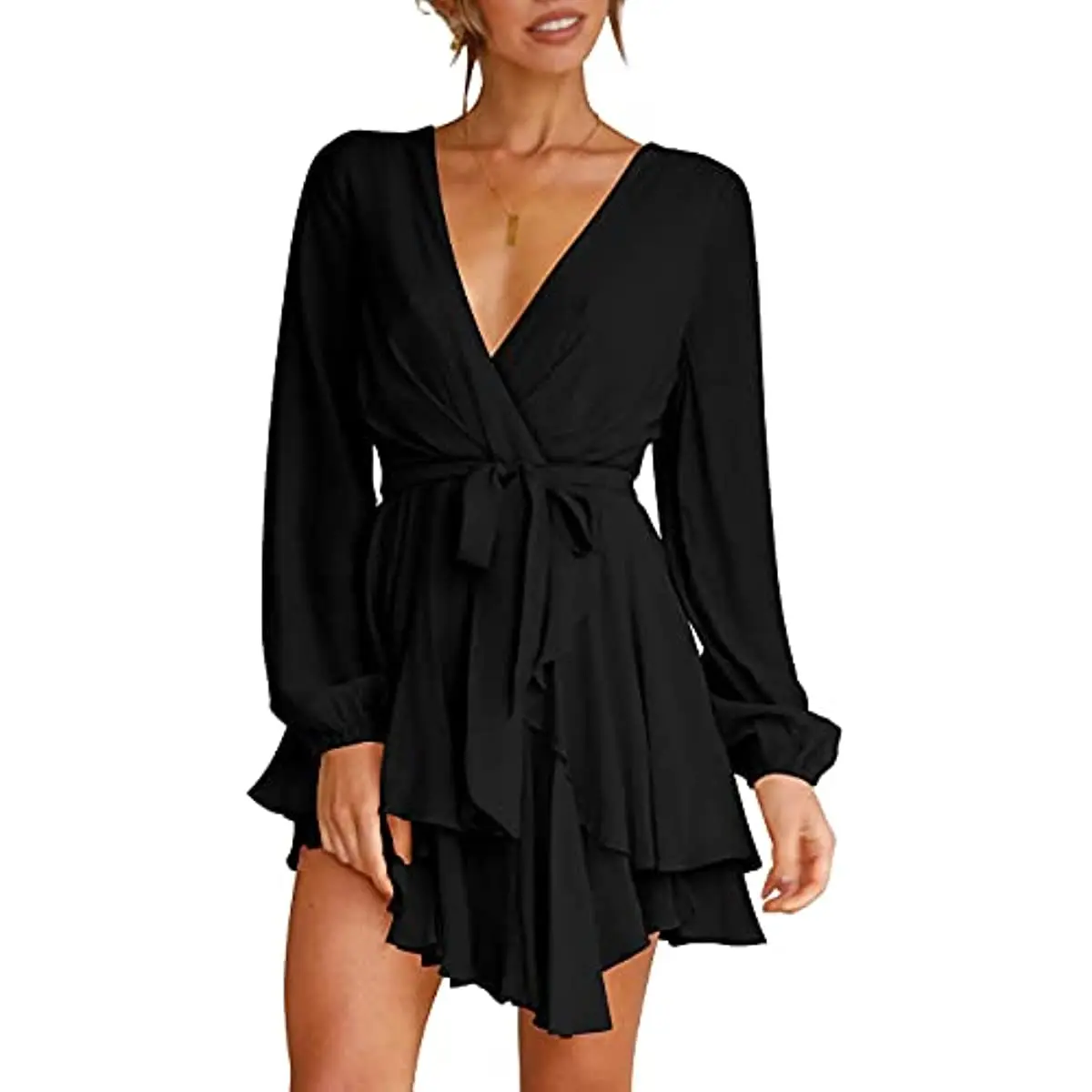 Women's Dress Deep V-Neck Long Sleeve Waist Tie Ruffle Mini Swing Skater Dresses Lace-up Solid Color Thin A Short Skirt Woman
Women's Dress Deep V-Neck Long Sleeve Waist Tie Ruffle Mini Swing Skater Dresses Lace-up Solid Color Thin A Short Skirt Woman