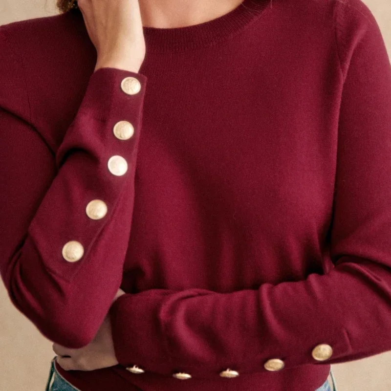 

2023 Autumn New Style Long-sleeved Half Turtleneck Sweater Button Decorated Bottoming Shirt Women