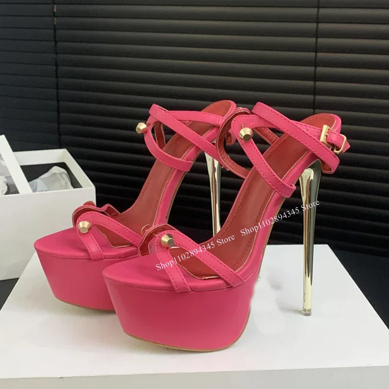 

Rose Red Rivet Platform Sandals Thin High Heel Shallow Peep Toe Fashion Sexy Cool Summer Big Size Woman Shoes Zapatillas Mujer