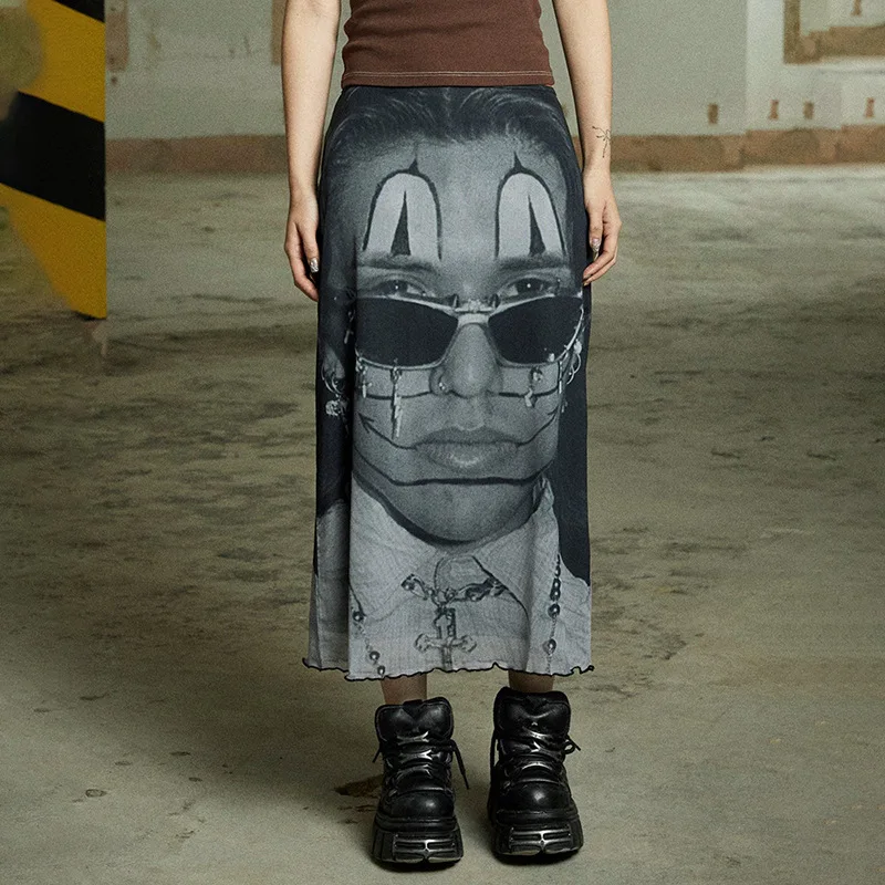 

Goth Dark Mesh Graphic Print Mall Gothic Midi Skirts 90s Grunge Streetwear Low Waist Skirt Y2k Women Aline Ruffle Fashion Bottom