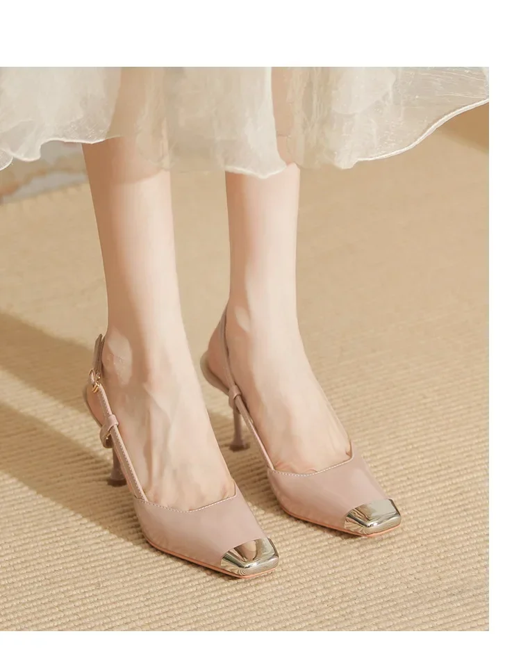 Fashion Square Toe Thin High Heels Women Metal Decoration Cover Toe Design Back Strap Patent Leather Heeled Sandals for Women 3 S1c31061fb0a74b51882d863c41fa59057