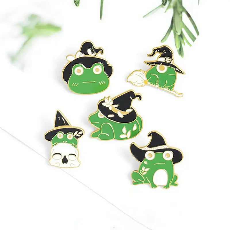 

Witch Frogs Enamel Pins Custom Funny Animal Wizard Brooches Shirt Lapel Badge Bag Cartoon Gothic Jewelry Gift for Friends