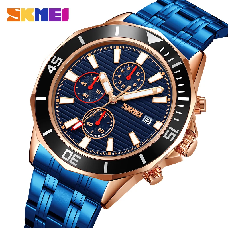 

SKMEI Men's Quartz Watch Stainless Steel Strap Stopwatch Chronograph Texture Gold Strap Blue Mirror Blue Strap Large Scale 9335