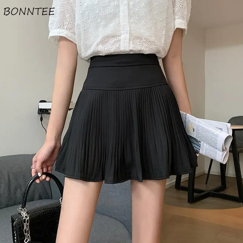 

Skirts for Women Solid Folds Hotsweet Streetwear Females Ulzzang Preppy Style Summer Black High Waist Mini All-match Simple Chic