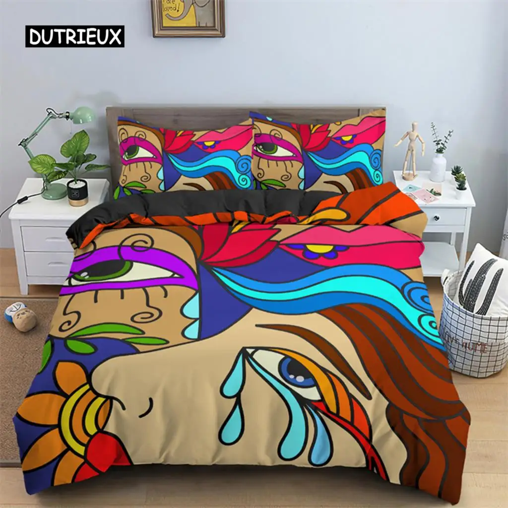 

Abstract Human Face Duvet Cover Twin Full King Double Microfiber Mystic Artwork Comforter Cover Psychedelic Graffiti Bedding Set