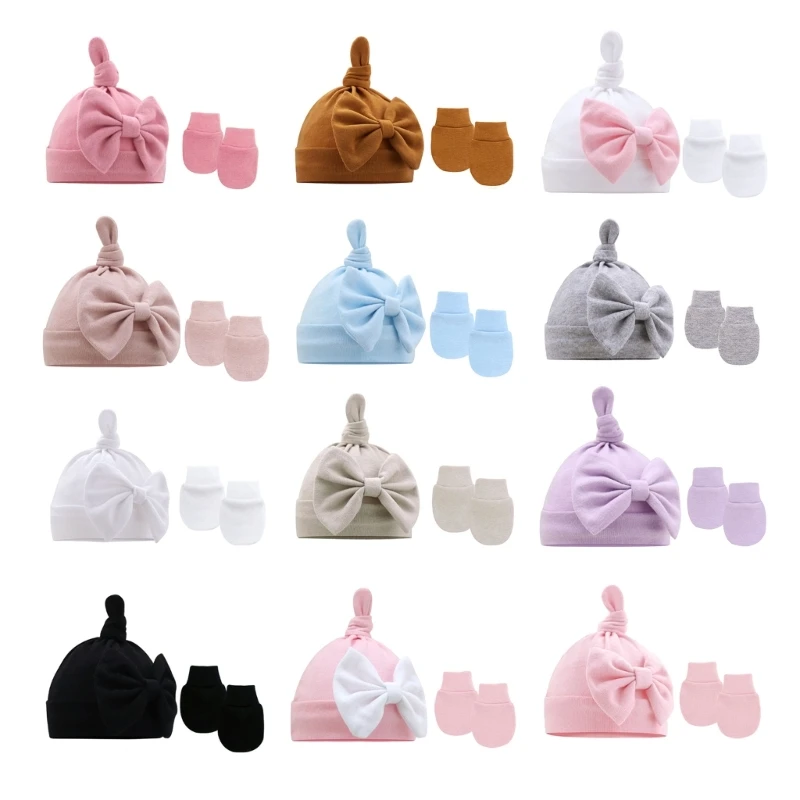 

Baby Knot Hat Newborn Scratch Prevent Mittens Breathable Cotton Hat & Gloves Set Infant Beanie Skin Friendly Headwear