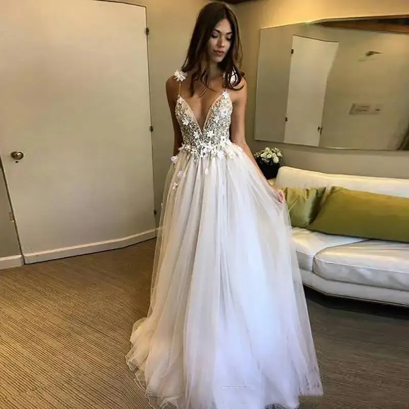 

Flowers Wedding Dresses White Vestido de noiva 2022 3D flower Deep V-neck Wedding Dress Delicate Appliques Backless Bridal Gowns