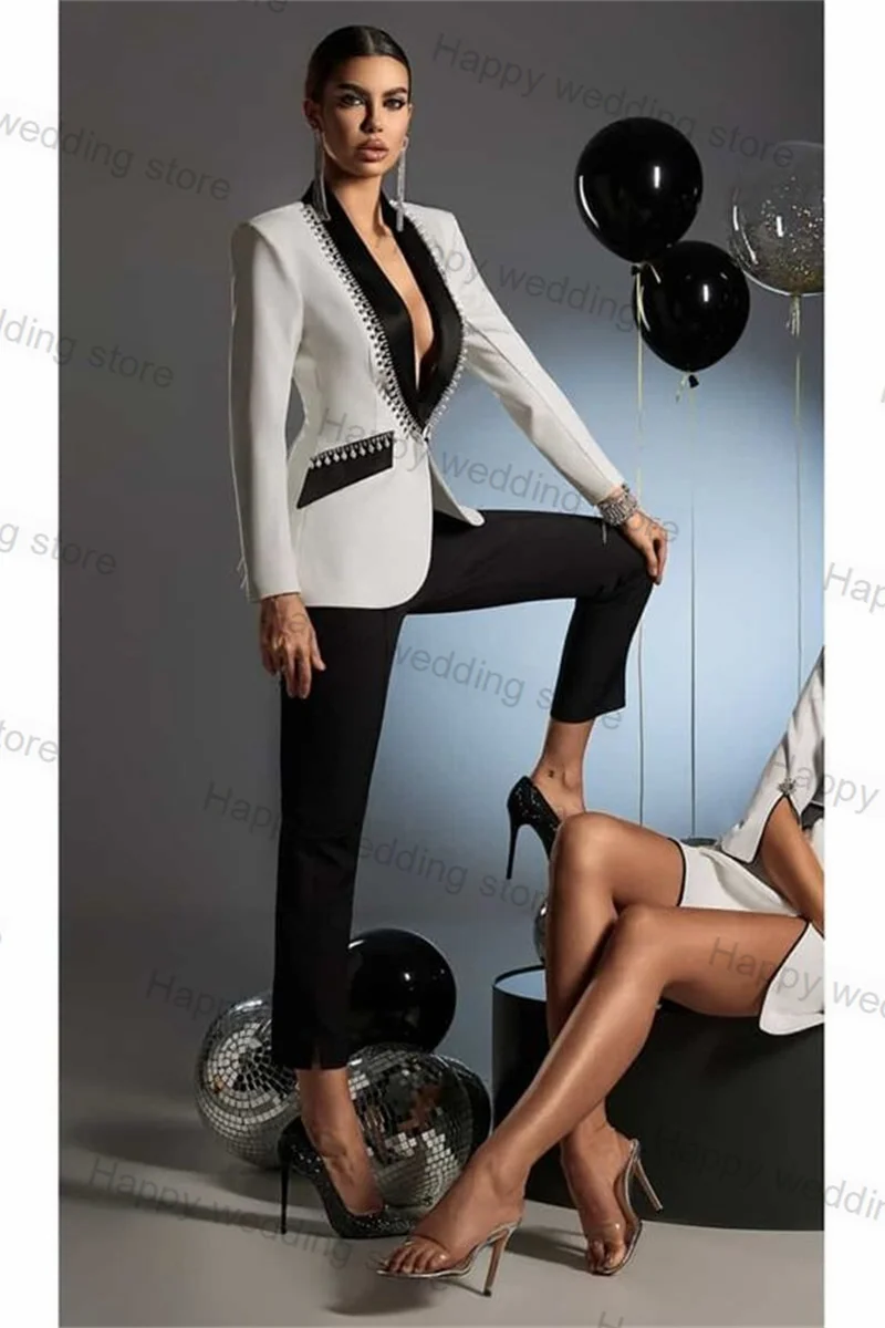 

White Black Women Suit Set 2 Piece Blazer+Trousers Splicing Color Formal Office Lady Double Breasted Prom Jacket Tailored Size