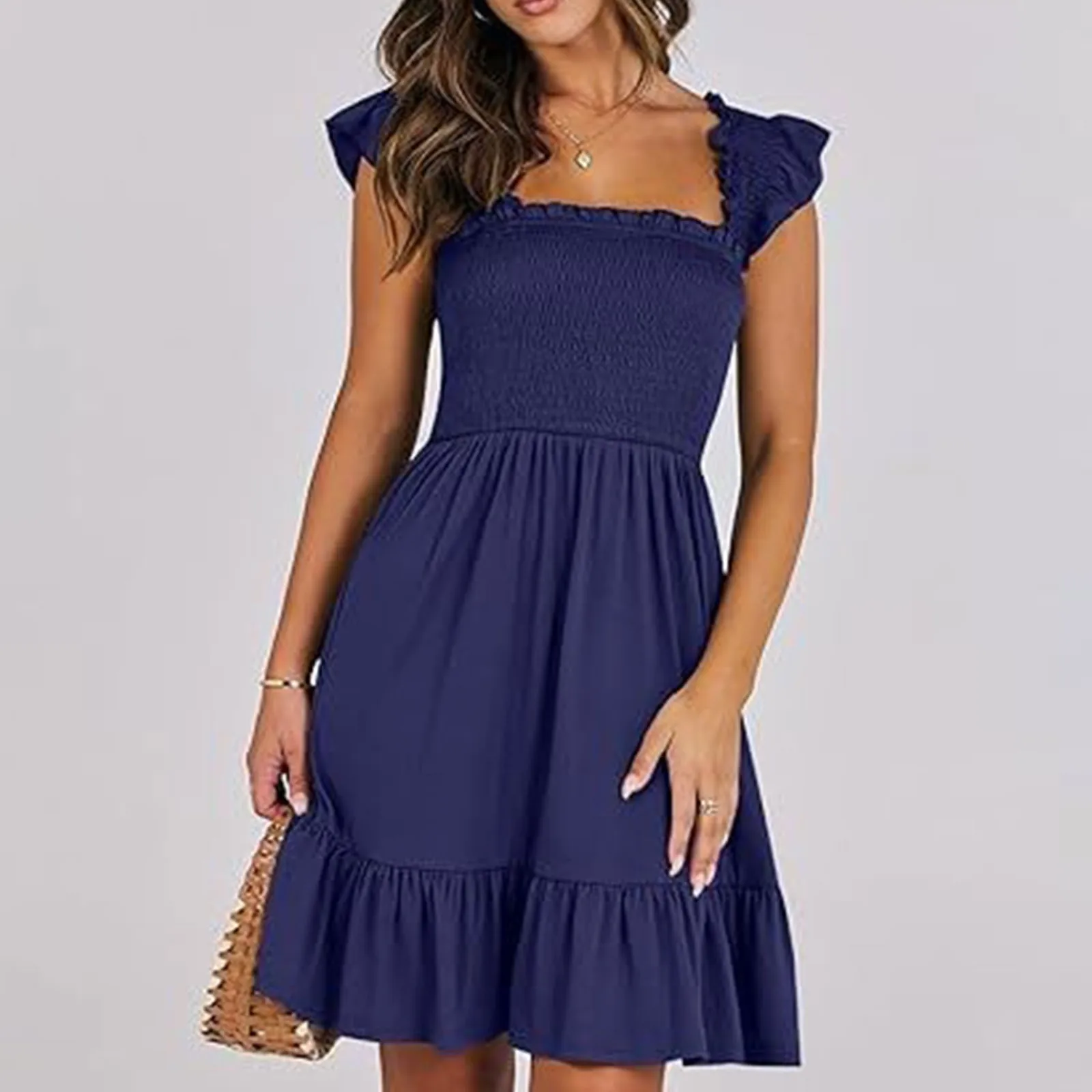 

Solid Color Pleated Smocked Ruffles Dress Women Summer Elegant Square Collar V Neck Short Sleeve Dress Office Party A Line Dress