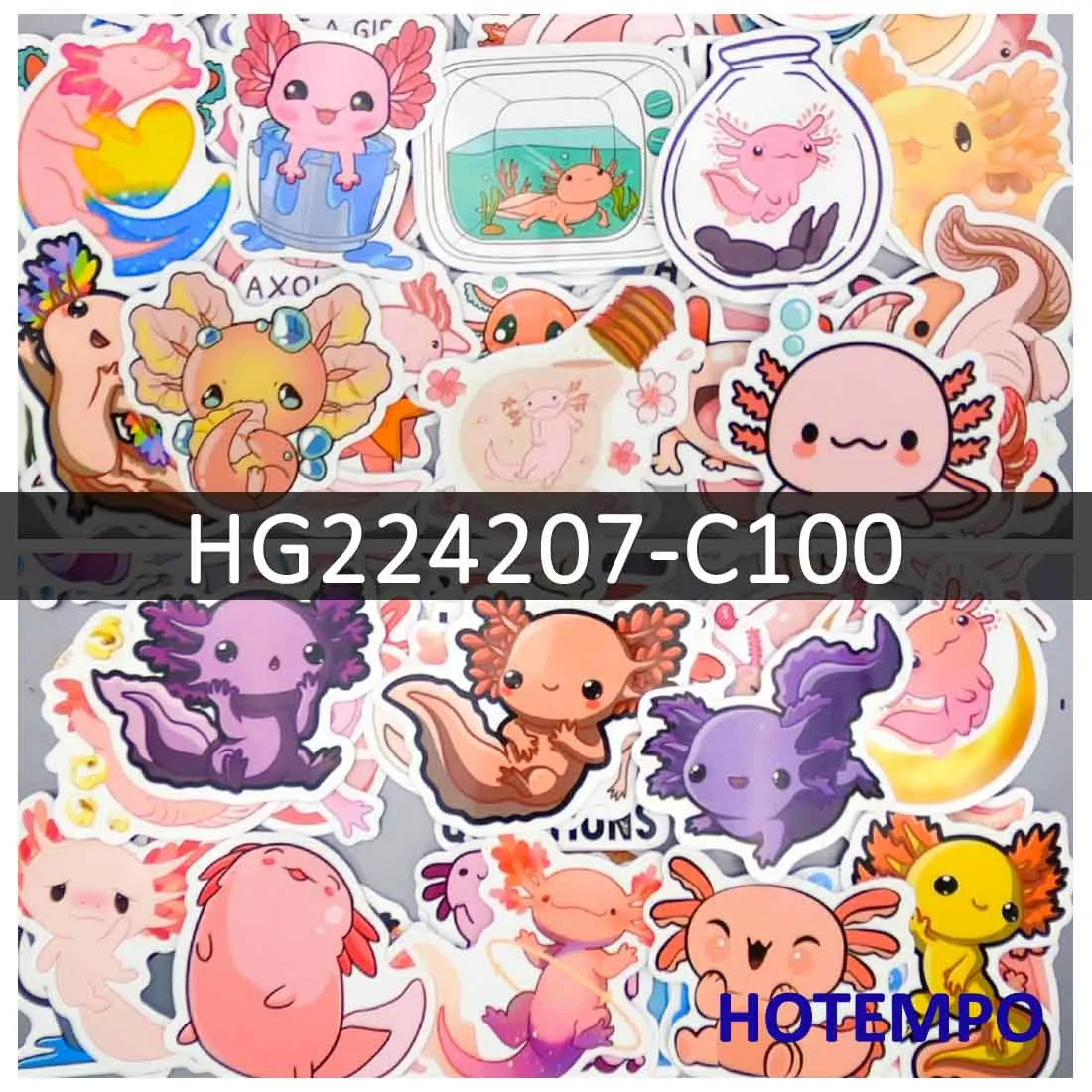 

50/100Pieces Cute Axolotl Decals Hexagon Dinosaur Cartoon Funny Animal Stickers for Luggage Guitar Bike Car Phone Laptop Sticker