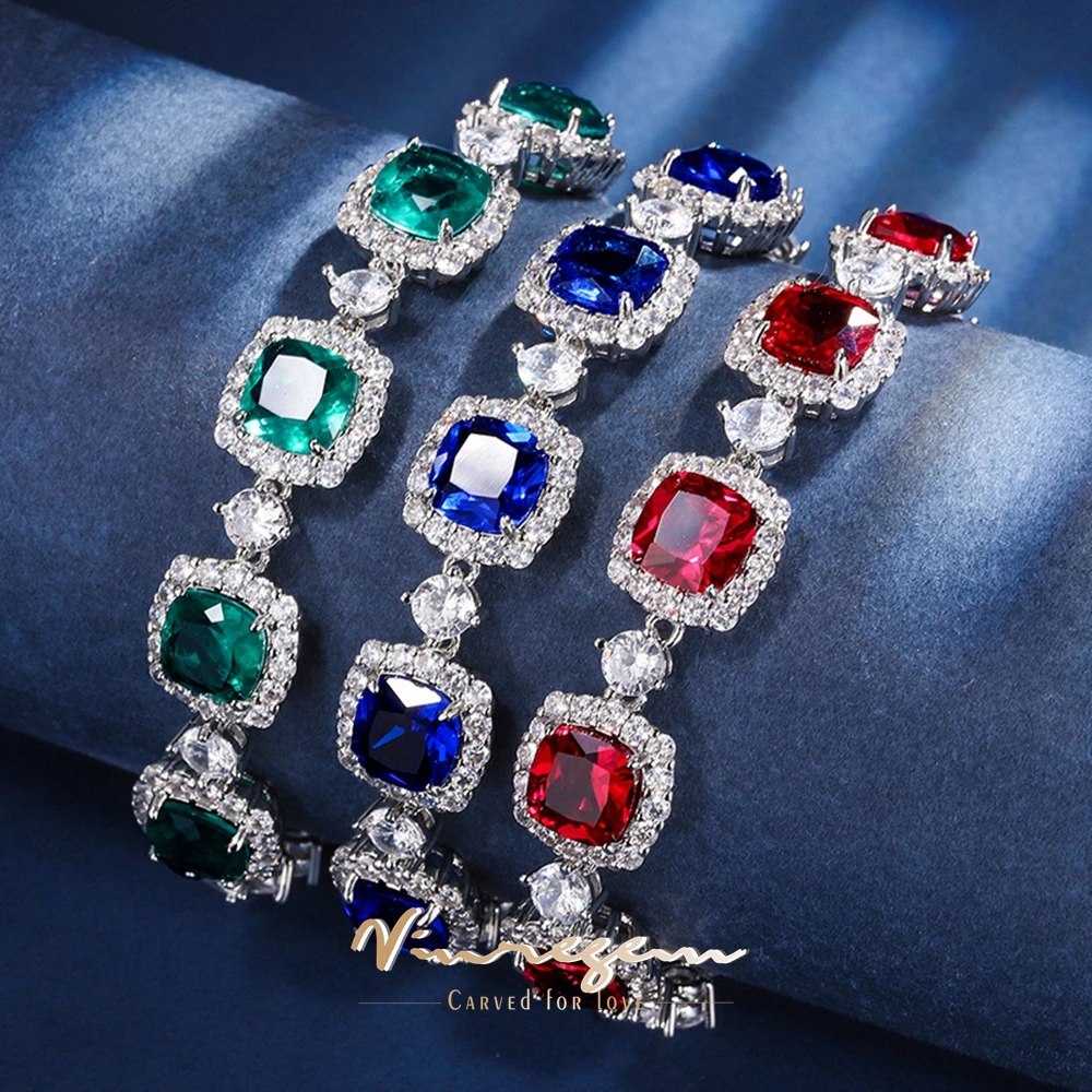 

Vinregem Luxury 8MM Lab Emerald Sapphire Ruby Gemstone Sona Diamonds Women Bracelets Gifts Anniversary Fine Jewelry Wholesale