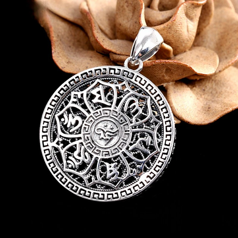 

New S925 Silver Buddhist Six Character Mantra Hollow Out Double-Sided Carving Filigree Man and Woman Pendant Good Luck Jewelry
