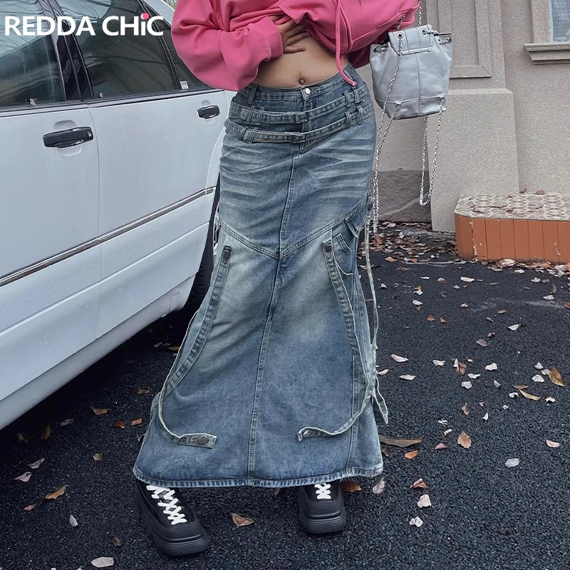 

REDDACHiC Y2k Vintage Women Denim Maxi Skirt with Slit High Waist Belted Distressed Fishtail Long Jeans Skirt Korean Dongdaemun