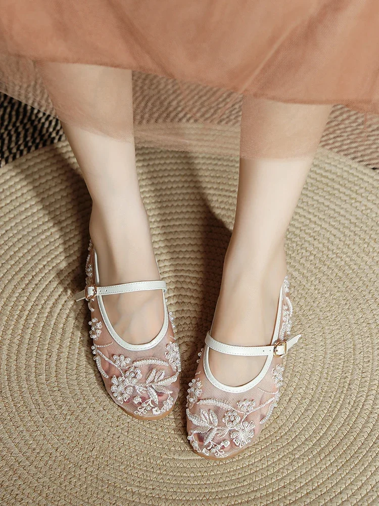Summer White Pearl Decoration Mesh Embroidery Ballet Flats Women Elegant String Bead Flat Sandals Light Mary Jane Designer Shoes 40 S1c47cc9a11a24821a5baa27bbeb1d9d1i