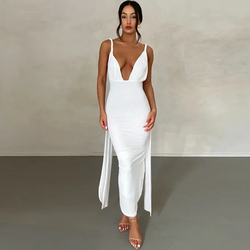 

2023 V Neck Backless Adjustable Straps Solid Bandage Draped Slit Sexy Maxi Dress Summer Women Elegant Birthday Party Outfit