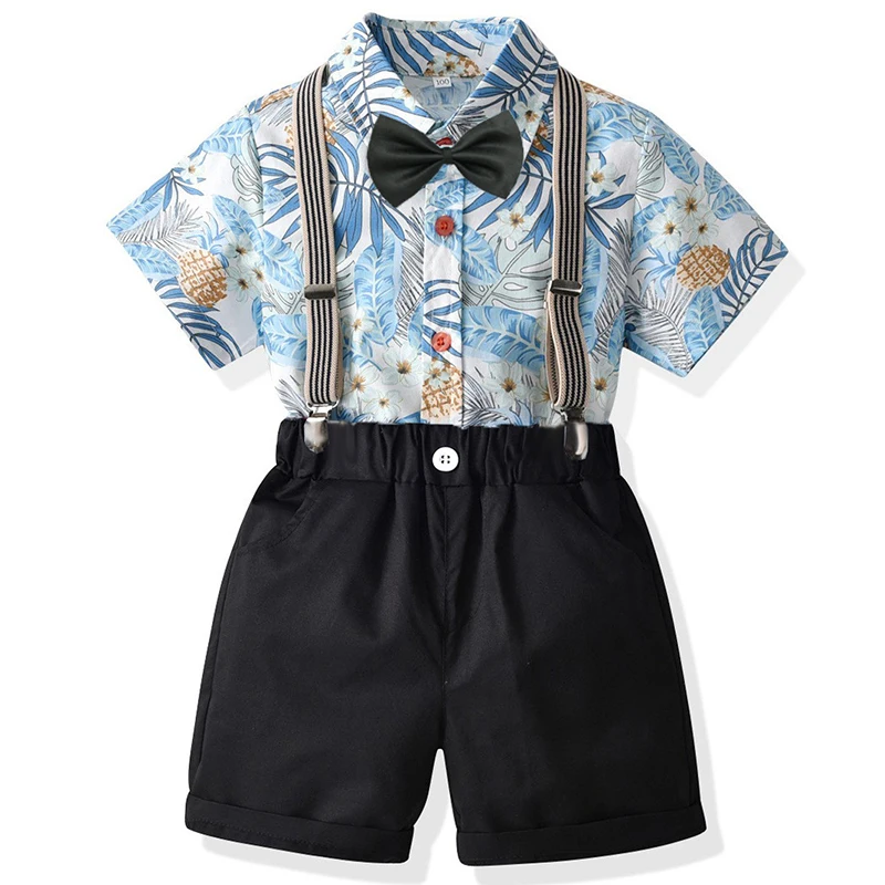 

4Piece Toddler Boy Summer Outfits Fashion Gentleman Cotton T-shirt+Shorts+Straps+Tie Baby Clothing Set Children Clothes BC2380