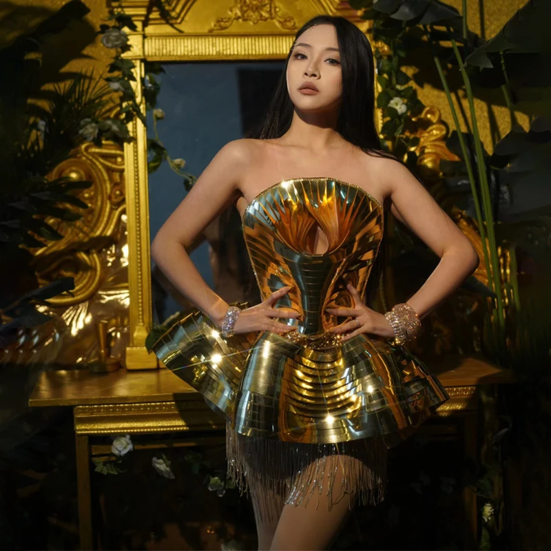 3D Shiny Gold Reflective Dress Sexy Hollow Out Tassels Puffy Party Dress Stage Rave Outfit Women Dj DS Drag Queen Costume XS6367
3D Shiny Gold Reflective Dress Sexy Hollow Out Tassels Puffy Party Dress Stage Rave Outfit Women Dj DS Drag Queen Costume XS6367