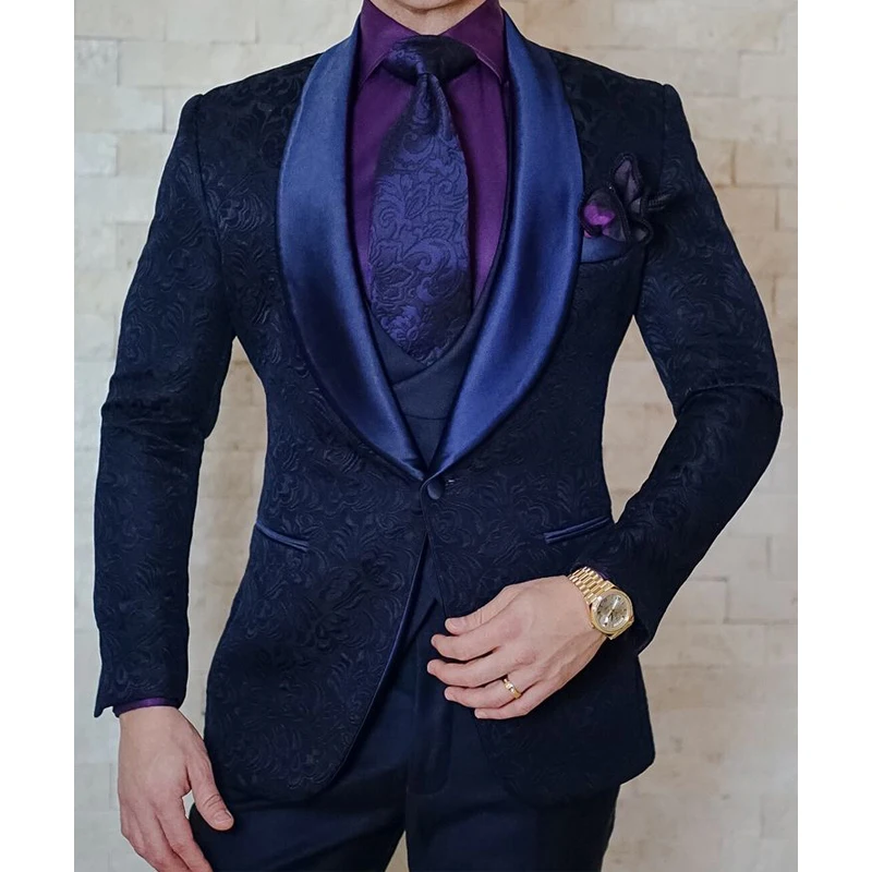 Floral Jacquard Men Suits Slim fit 3 Piece Navy Blue Groom Tuxedo for Wedding Party Male Fashion Jacket Waistcoat with Pants
Floral Jacquard Men Suits Slim fit 3 Piece Navy Blue Groom Tuxedo for Wedding Party Male Fashion Jacket Waistcoat with Pants
