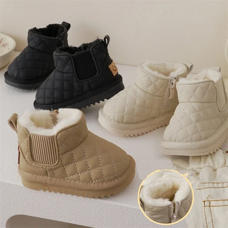 

Детские ботинки для девочек, теплые плюшевые ботинки для снега, ромбовидная сетчатая мягкая подошва, хлопковая обувь, размер 18-30