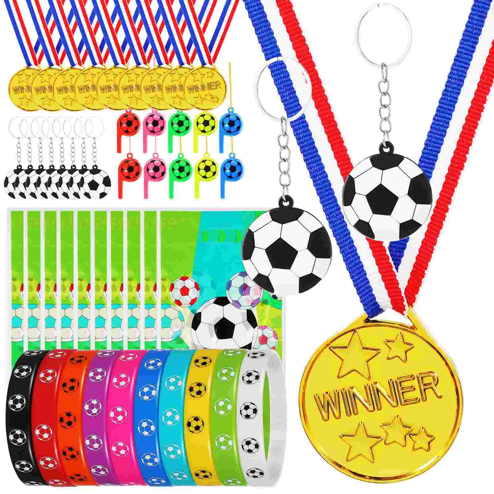 

Football Party Favors Bag Pendant Soccer Presents Key Ring Fob Whistles Wristband Wristbands Goodie Bags Stuffers Sports Medal