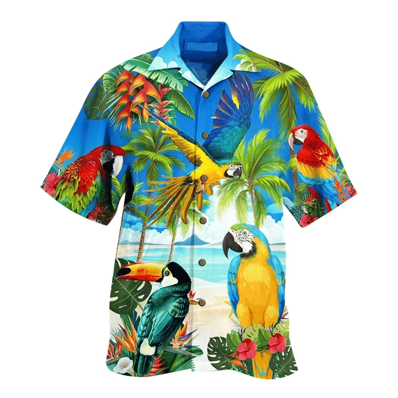 

Гавайская пляжная рубашка с рисунком попугая для мужчин, модная одежда, гавайская Кокосовая елка с 3D принтом, топы для отпуска с коротким рукавом