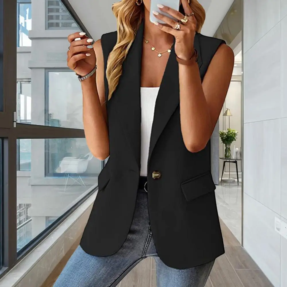 

Женский блейзер с лацканами, однотонный прямой деловой пиджак средней длины на одной пуговице без рукавов, деловой пиджак