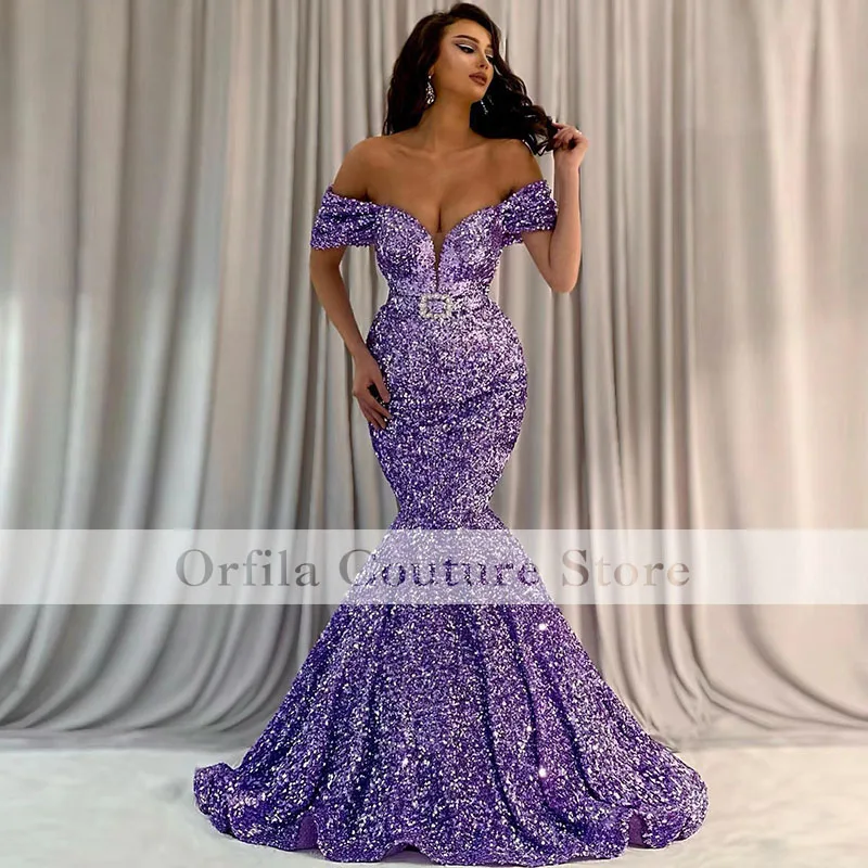 

robe de soirée femme Purple Sequins Evening Dresses Off Shoulder Mermaid Prom Gowns African Wedding Party Wear