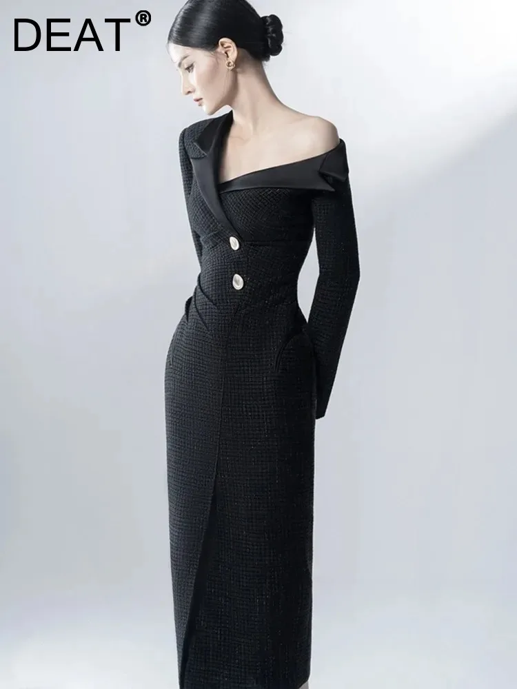 

DEAT Elegant Dress Single Breasted Patchwork Diagonal Collar Folds Slim Waist Split Women's Dresses 2024 New Fashion 13DB1576