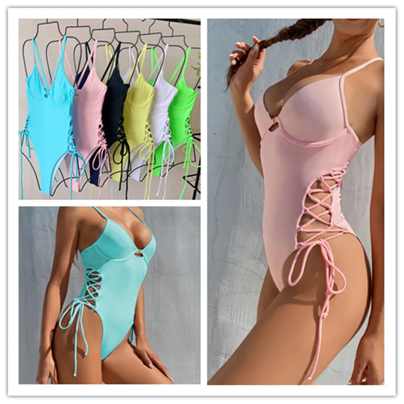 

Halter Sexy Swimsuit Hollow Out One Piece Swimwear Women Fashion Criss-Cross Beachwear 2022 Summer