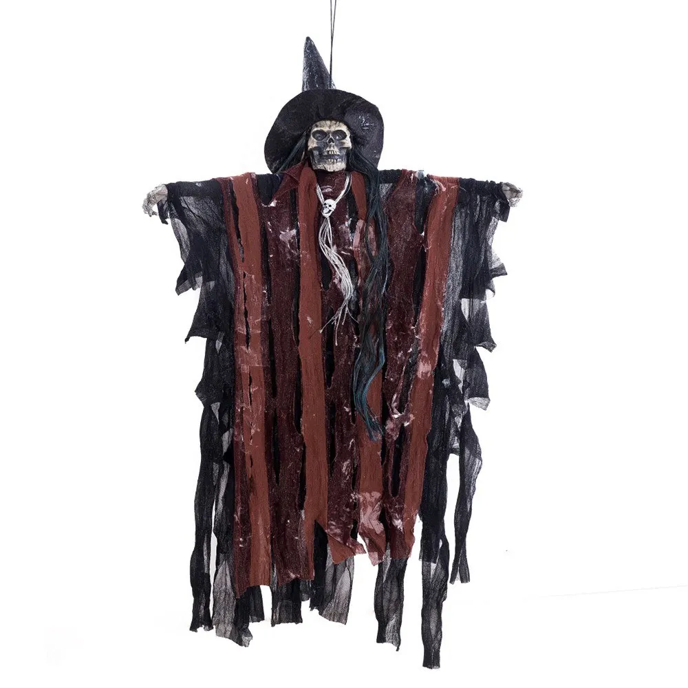 

Haunted House Decoration Props Hanging Animated Scary Skeleton Ghost with Red Light Eyes and Horror Sounds Reaper Prop