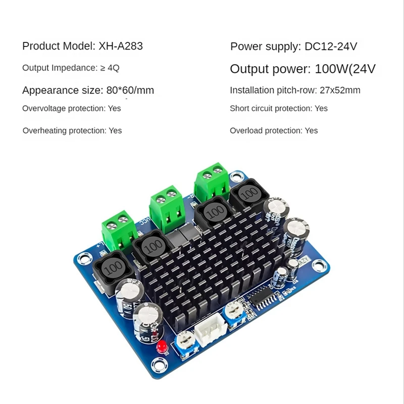 XH-A283 100W+100W Dual Channel Amplifier Board Digital High Power Amplifier Module
XH-A283 100W+100W Dual Channel Amplifier Board Digital High Power Amplifier Module
