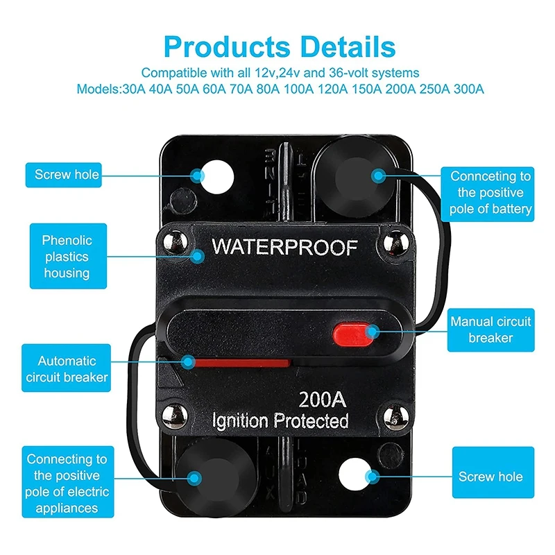 Waterproof Circuit Breaker,With Manual Reset,12V-48V DC,200A,for Car Marine Trolling Motors Boat Power Protect
Waterproof Circuit Breaker,With Manual Reset,12V-48V DC,200A,for Car Marine Trolling Motors Boat Power Protect
