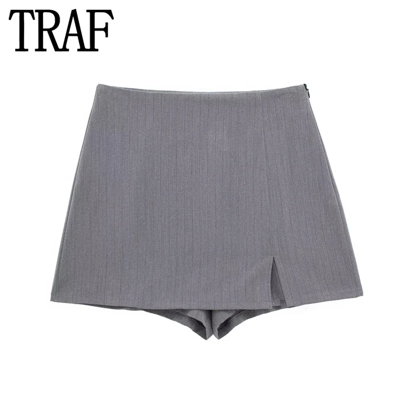 

TRAF 2024 Grey Mini Skirt Shorts Women Striped High Waist Slit Skirt Woman Fashion Casual Skorts For Women Elegant Short Skirts