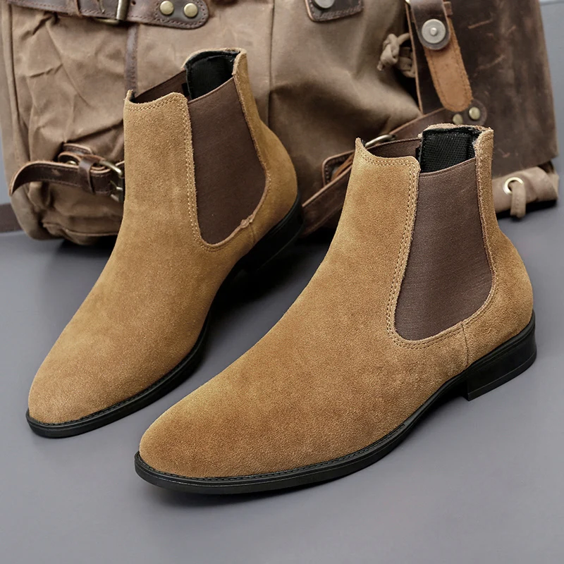 

Plush Chelsea Men Boots Faux Suede Low Heels British Style High Cut Business Casual Boots Breathable Men Boots Large Sizes 37-48