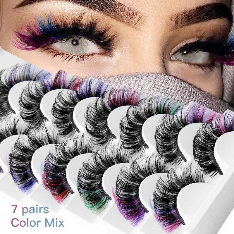 

7 Pairs of Colourful Fry False Eyelashes Multi-Layer Thick Crossover Imitation Mink Hair 3D Mink DD Curly Fluffy lashes
