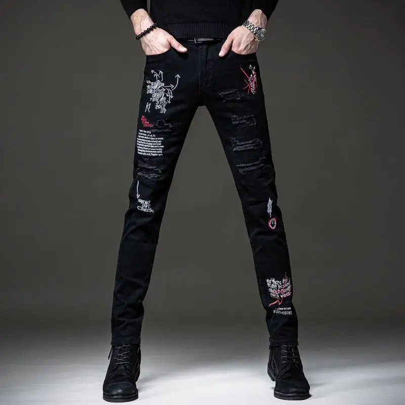 High Quality Men’s Ripped Denim Pants,Classic Prints Decors Jeans,Slim-fit Korea Version Casual Jeans,Street Fashion Jeans Men;
High Quality Men’s Ripped Denim Pants,Classic Prints Decors Jeans,Slim-fit Korea Version Casual Jeans,Street Fashion Jeans Men;