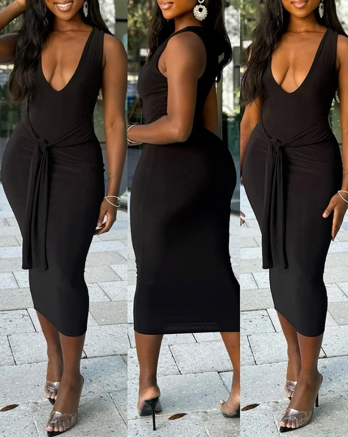 

Women's Dress 2024 Summer Fashion Casual Daily Vacation Solid Color Plunge V-Neck Tied Detail Sleeveless Bodycon Midi Dress