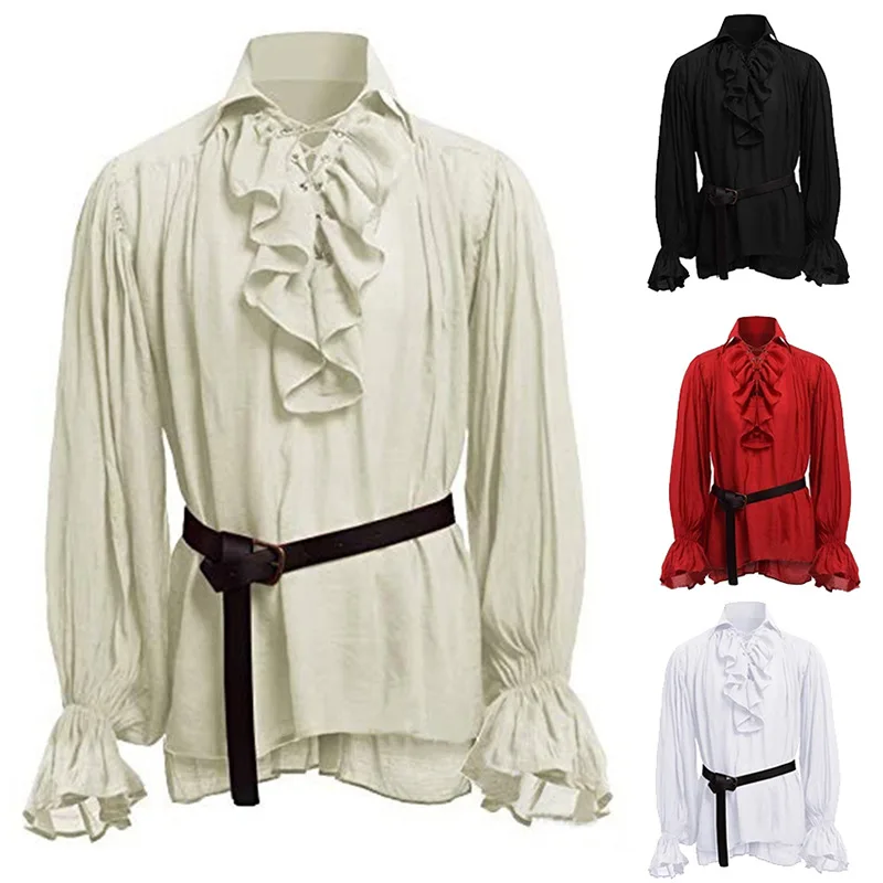 

Mens Medieval Shirts Poet's Renaissance Cosplay Costume Vintage Viking Pirate Captain Lace Up Ruffle Tops Sand Collar Shirt