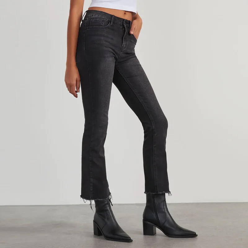 

Women's 2024 New Worn-Out Straight Leg Pants With Ruffled Edges, Elegant Commuting Style, Washed Jeans