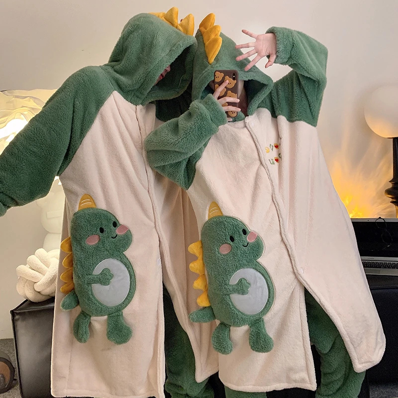 

Winter Thicken Women Men Pajamas Robes Warm Plush Nightgown Fleece Loose Kawaii Dinosaur Couples Nightdress Pijama Loungewear