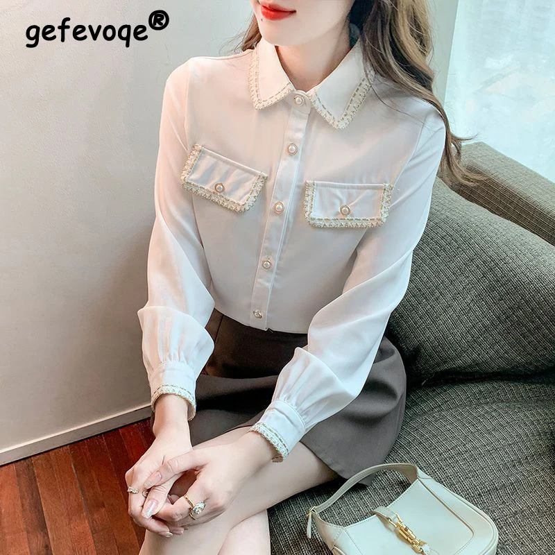 

Retro Luxury Design Elegant Chic Beaded Button Up Shirt for Women Korean Fashion Sweet White Long Sleeve Blouse Top Female Blusa