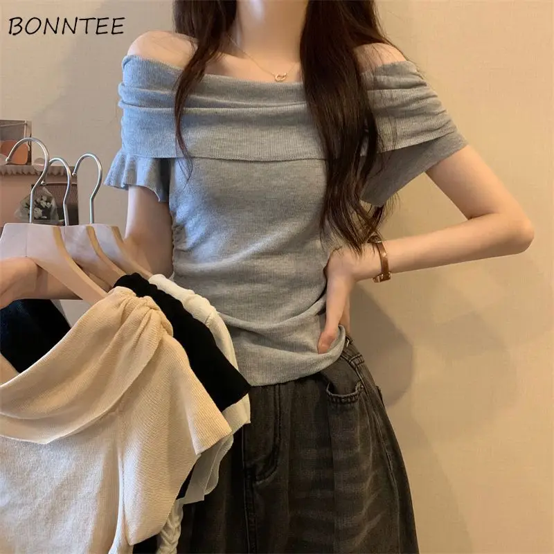 

Solid Pullovers Women Pleated Slash Neck Simple Summer Girls Versatile Lazy Style Chic Leisure Slim Designed Ulzzang Trendy Cozy