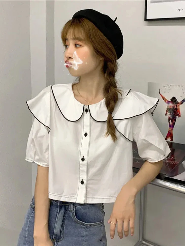 

Jmprs Korean Sweet Cropped Shirt Women Loose Preppy Style Ruffles Blouse Summer Casual Short Sleeve Retro Peter Pan Collar Tops