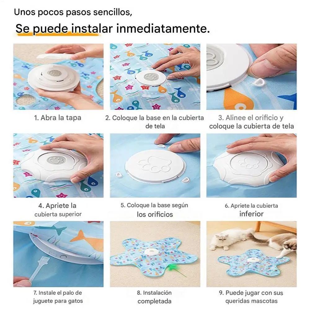 Indoor Cat Toy | Star-Shaped Automatic Cat Toys A 9-step instructional grid in Spanish showing how to assemble the toy, from opening the hub and aligning the fabric cover to attaching the green feather stick.